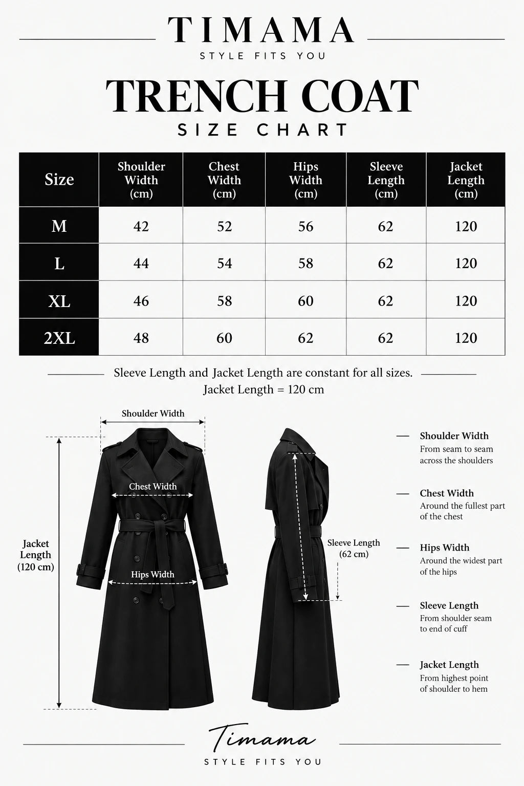 Timama trench coat size chart